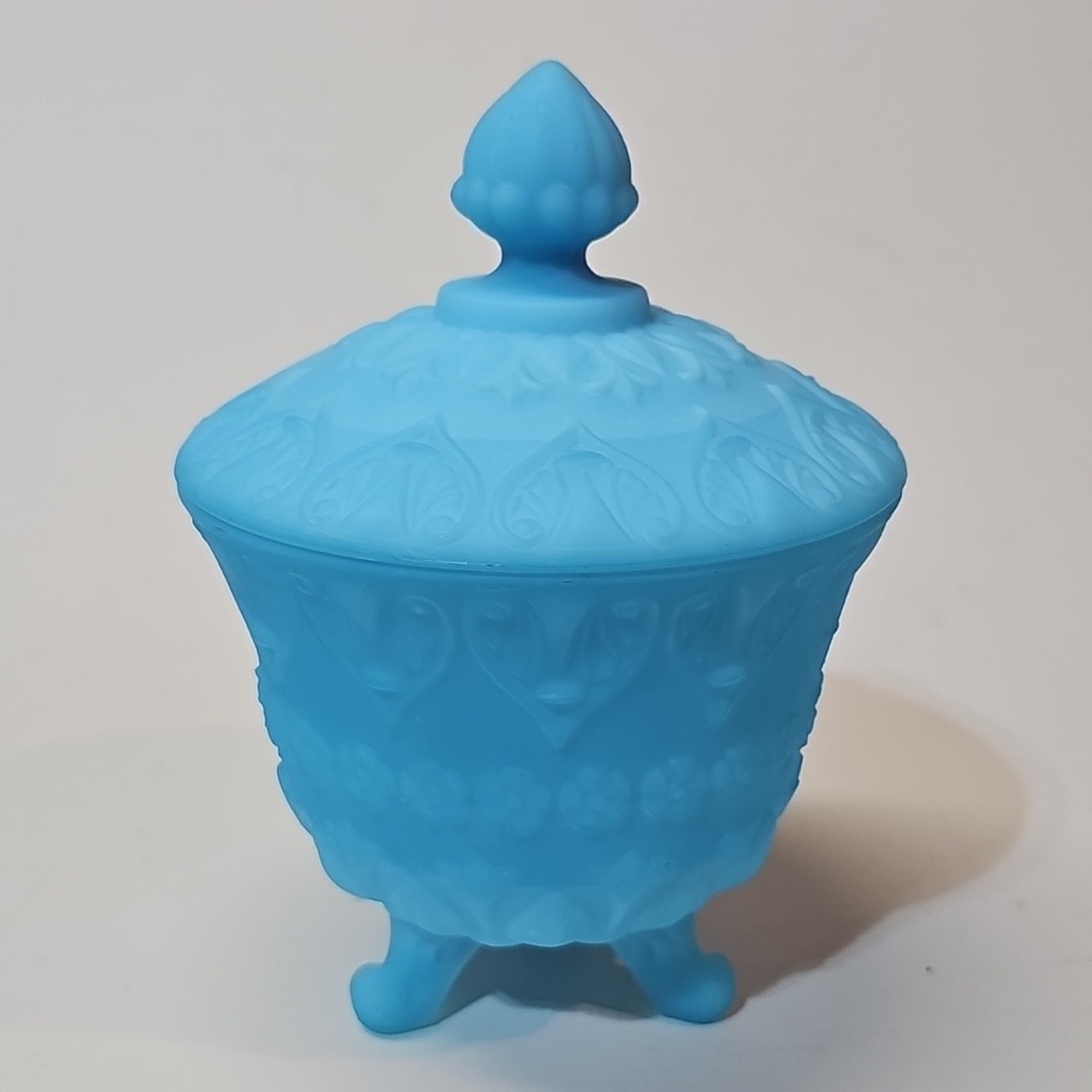 Vintage Fenton Blue Satin Frosted Glass Footed Candy Dish w/ Lid - As-Is